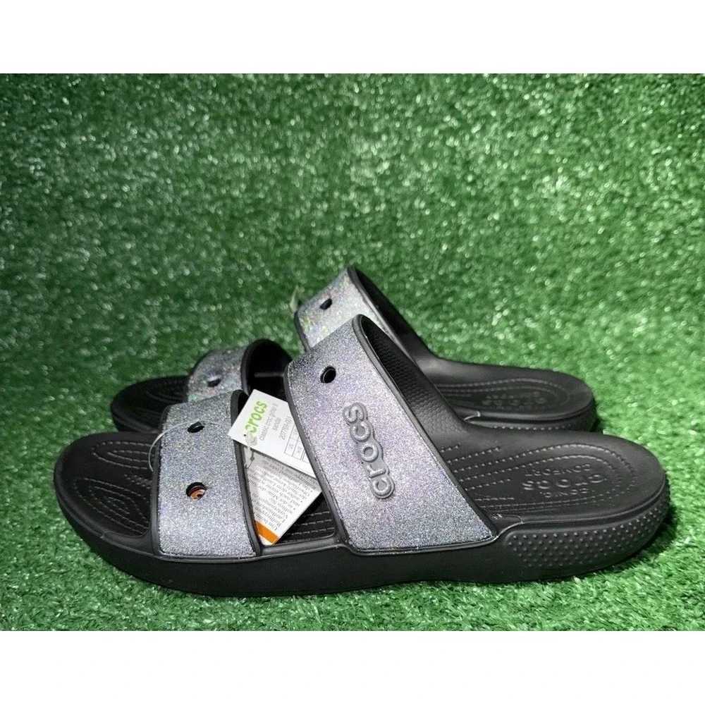 NEW! Crocs Glitter Strap Slide Sandals Black Silver Women's Size 14 Men's‎ 12